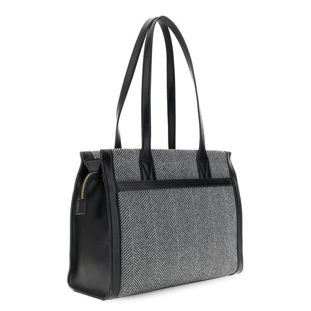 BORSA IN TESSUTO TWEED, CHARM CON NAPPINA E LETTERING IN METALLO