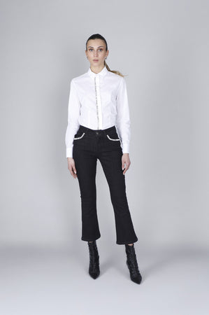 DENIM CROPPED FLARE CON STRAS ALLE TASCHE