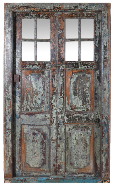 Biscottini Porta portone in legno massello e ferro da interno o da esterno vecchia e antica medievale con telaio e vetro