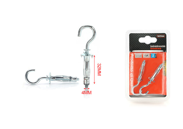 2 pcs Tasselli con Gancio in Metallo Ø4x32mm