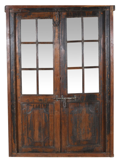 Biscottini Porta portone in legno massello e ferro da interno o da esterno vecchia e antica medievale con telaio e vetro