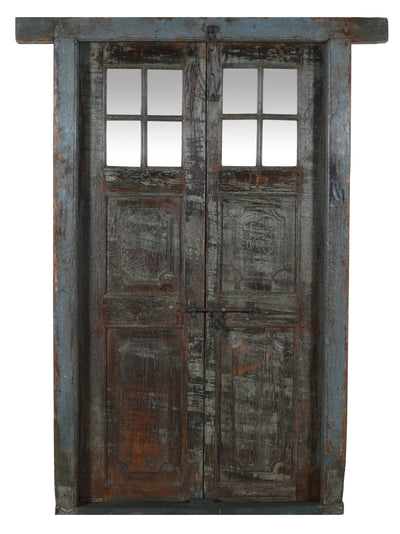 Biscottini Porta portone in legno massello e ferro da interno o da esterno vecchia e antica medievale con telaio e vetro