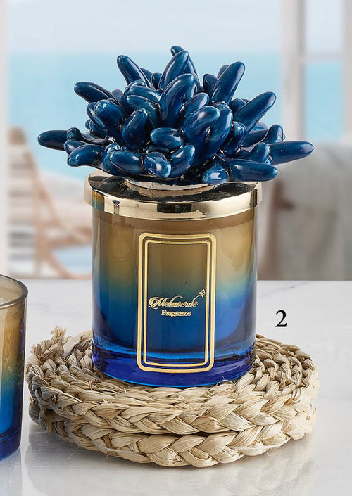 Candela artigianale Melaverde Tropicana in porcellana bicolore blu anemone, bomboniera elegante con scatola inclusa