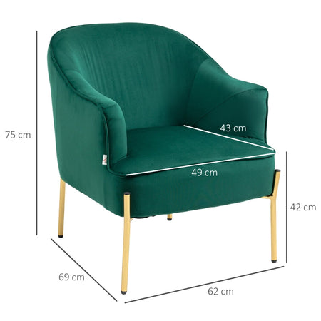 Poltrona da Camera da Letto in Tessuto Effetto Velluto con Gambe in Acciaio, 62x69x75 cm, Verde poltroncina sedia salotto soggiorno ufficio studio F839-656V00GNA