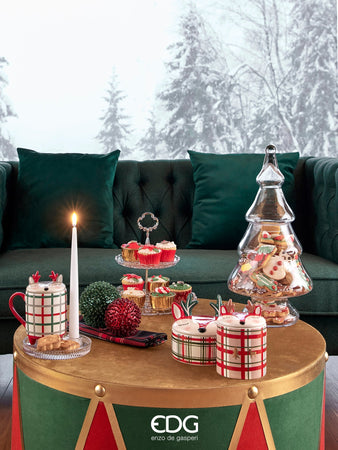 Tavolino a forma di tamburo, colore verde, rosso e oro da h40 cm