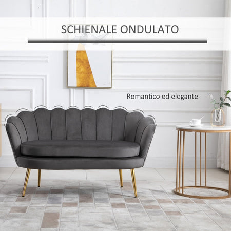 Divano 2 Posti in Velluto e Gambe in Metallo, Arredamento Vintage Casa e Ufficio, 133x63x75cm Grigio soggiorno salotto studio ingresso F839-002A