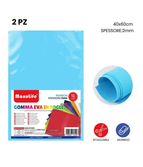 12pz Fogli In Gomma Eva Colore Azzurro Materiale Alta Qualità 40x60cm Spess 2mm