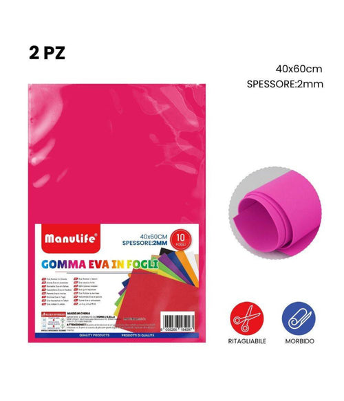 12pz Fogli In Gomma Eva Colore Fucsia Materiale Alta Qualità 40x60cm Spessore 2mm