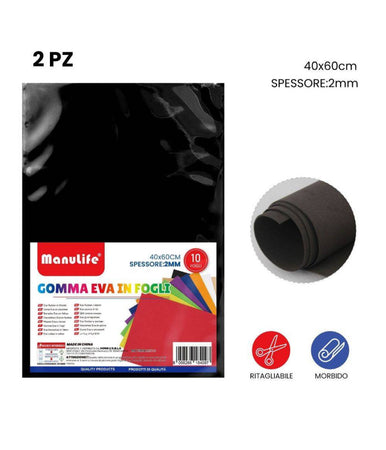 12pz Fogli In Gomma Eva Colore Nero Materiale Alta Qualità 40x60cm Spessore 2mm