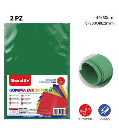 12pz Fogli In Gomma Eva Colore Verde Materiale Alta Qualità 40x60cm Spess 2mm