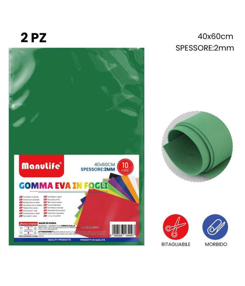 12pz Fogli In Gomma Eva Colore Verde Materiale Alta Qualità 40x60cm Spess 2mm