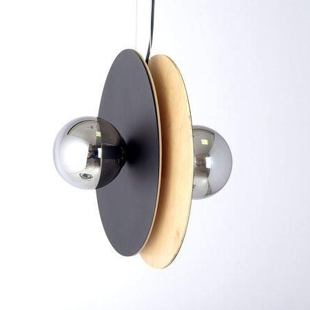 Sospensione Minimal Nordica Soho 2 Luci In Acciaio Nero E Legno Vetro Fumè