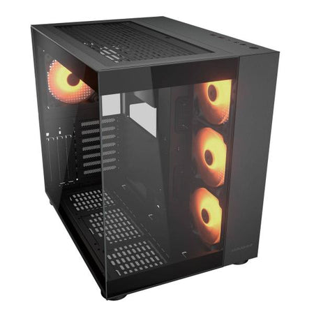 COUGAR FV150 RGB è un case PC nero per gaming compatibile con Mini-ITX, Micro-ATX e ATX. Offre illuminazione ARGB, supporto per 10 ventole e GPU fino a 400 mm. Design elegante e raffred