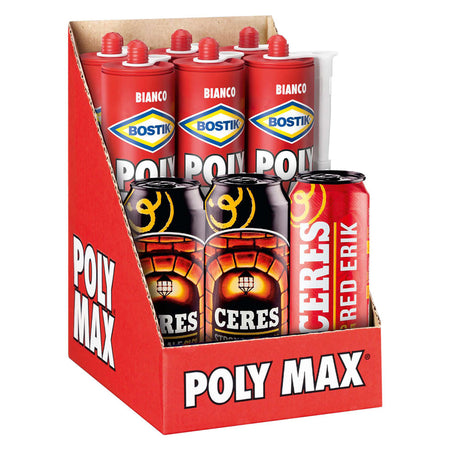 ESPOSITORE SUPER PROMO ADESIVO SIGILLANTE UNIVERSALE 'POLY MAX' ORIGINAL EXPRESS 6 cartucce da 425 gr + 3 lattine birra 500 ml o