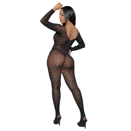 Bodystocking Sexy in Rete Catsuit Off-Shoulder con Maniche Lunghe Cavallo Aperto