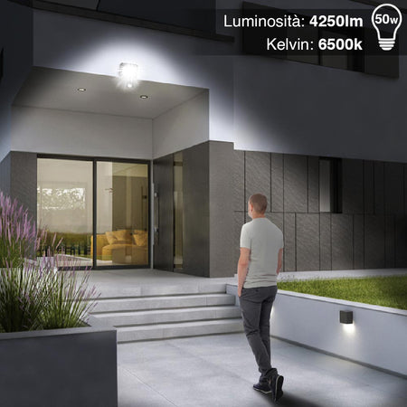 Faro LED 50W Luce Alta Luminosità 4250LM Faretto Esterno Sensore Movimento
