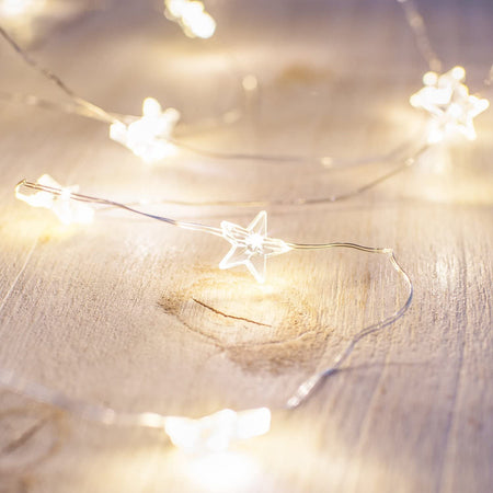 20 Luci LED a Stella con Filo d'argento IP20 Bianco Caldo a Batteria con Timer