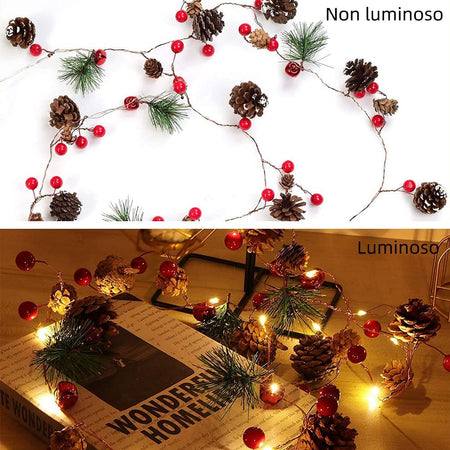 20 Luci LED in Filo d'argento Pigne e Bacche Rosse