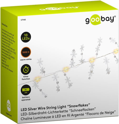 Stringa 10 LED Fiocchi di Neve IP20 Bianco Caldo a Batteria con Timer