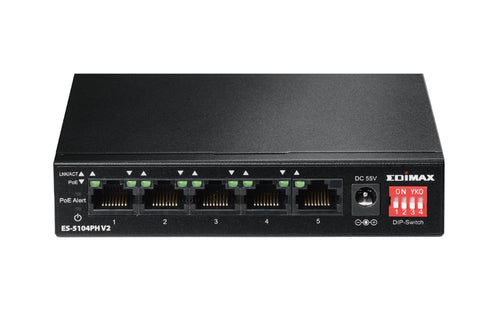Switch 5 Porte Fast Ethernet a Lungo Raggio con 4 porte PoE+ e Switch DIP, ES-5104PH V2