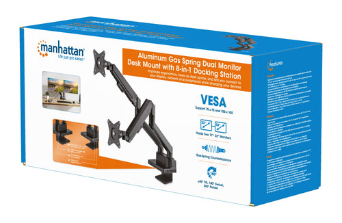 Supporto da Scrivania Doppio Monitor 17-32'' con Molla a Gas e Docking Station 8-in-1