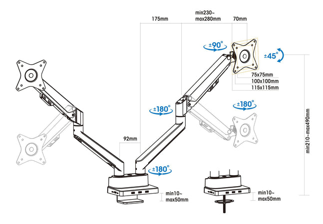 Supporto da Scrivania Doppio Monitor 17-32'' con Molla a Gas e Docking Station 8-in-1