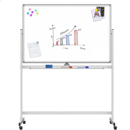 Lavagna Magnetica Bifacciale 90x120 cm con Ruote e Mensola per Pennarelli con Ganci Portablocco