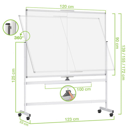 Lavagna Magnetica Bifacciale 90x120 cm con Ruote e Mensola per Pennarelli con Ganci Portablocco