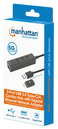 Hub USB 3.0 3 Porte Combo Type-C/A con Adattatore di Rete Gigabit