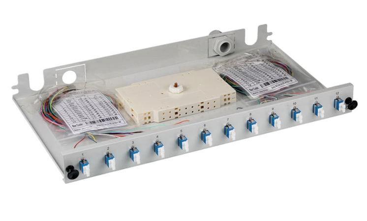 Cassetto Ottico 19'' Assemblato con 12 Bussole e 24 Pigtails LC Duplex Monomodale OS2