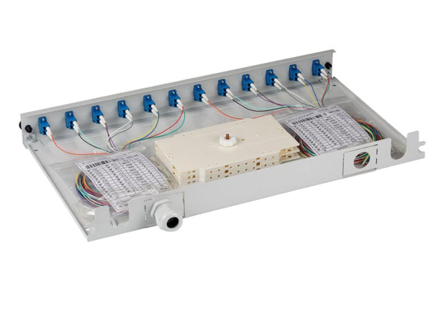 Cassetto Ottico 19'' Assemblato con 12 Bussole e 24 Pigtails LC Duplex Monomodale OS2