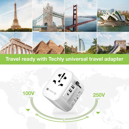 Adattatore da Viaggio Universale 150 Paesi 2 porte USB-A e 1 porta USB-C&trade Bianco