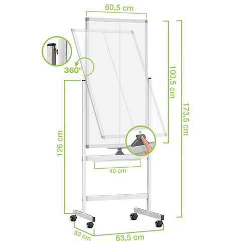 Lavagna Magnetica Bifacciale 60x100 cm con Ruote e Mensola per Pennarelli con Ganci Portablocco