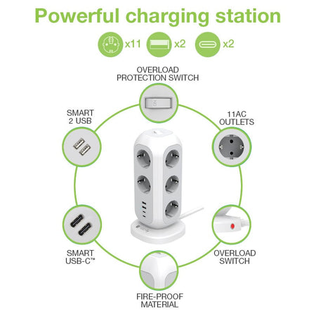 Multipresa da Tavolo Torretta di Alimentazione 11 Prese Schuko 2 USB-A e 2 USB-C&trade