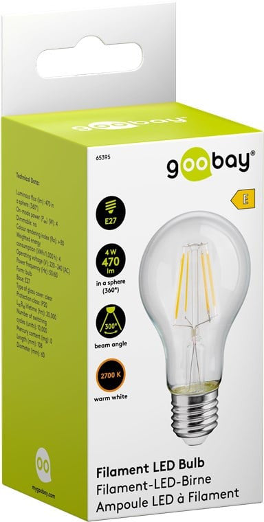 Lampadina LED E27 Bianco Caldo 4W con Filamento Classe E Trasparente