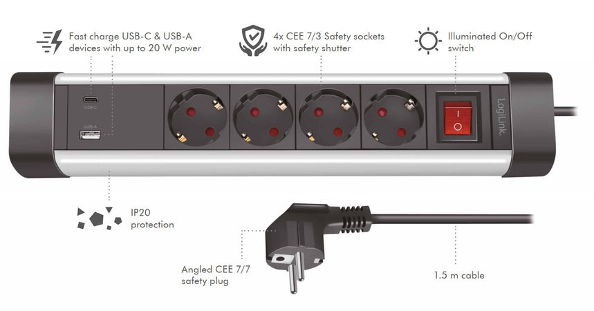 Presa Multipla a 4 vie con Presa USB-C&trade PD e USB-A QC per la Ricarica Veloce