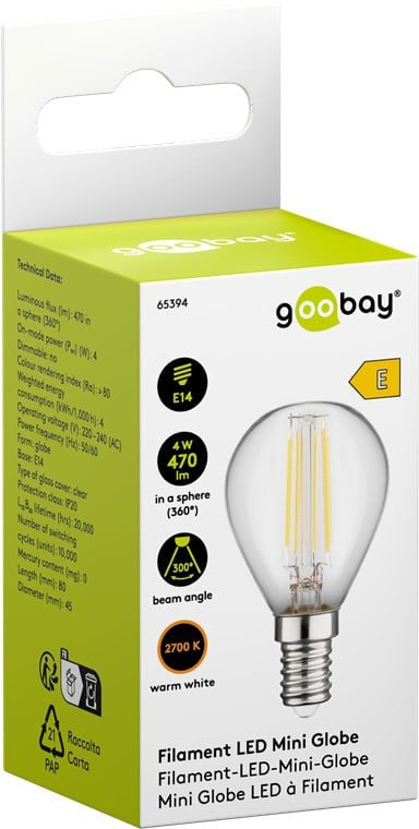 Lampadina Mini Globo E14 a Filamento Bianco Caldo 4W, Classe E