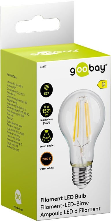 Lampadina LED E27 Bianco Caldo 11W Trasparente con Filamento, Classe D