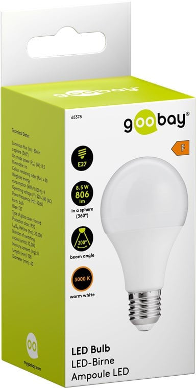 Lampadina LED E27 Bianco Caldo 8.5W Satinata, Classe F