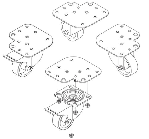 Kit 4 Ruote per Armadi con Piastre per Montaggio Simultaneo Piedini