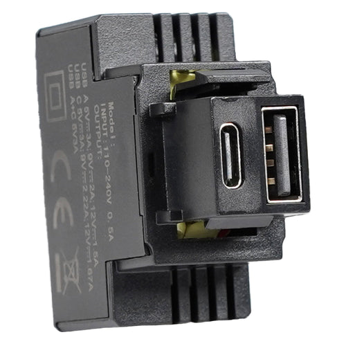 Alimentatore Compatto da Incasso Keystone USB-A e USB-C&trade 20W 5-12V Nero