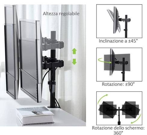 Supporto da Scrivania per 2 Monitor 13-27'' Diametro 48 mm ad Altezza Regolabile con Morsetto a C