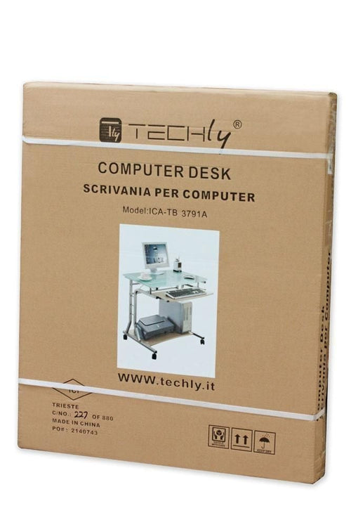 Scrivania per PC Compatta in Metallo e Vetro con Ruote