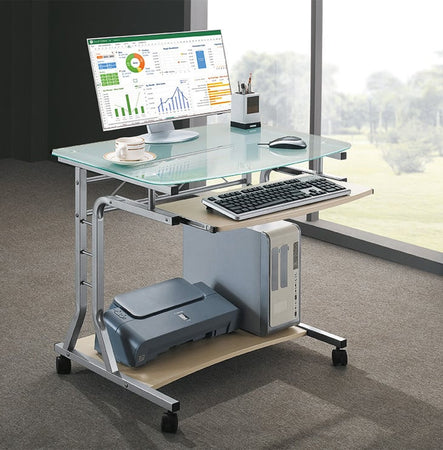 Scrivania per PC Compatta in Metallo e Vetro con Ruote