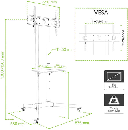 Carrello Supporto Pavimento Porta TV LCD/LED/Plasma 30''-65'' Mensola