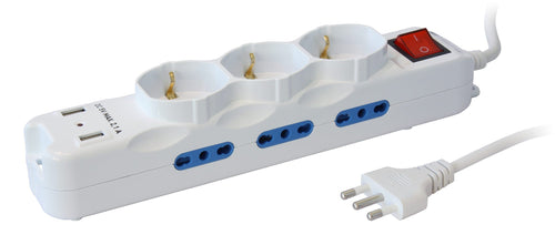 Multipresa 6 Posti Italiana Bipasso con 2 Prese USB Bianca