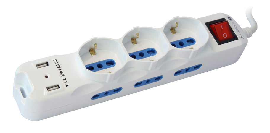 Multipresa 6 Posti Italiana Bipasso con 2 Prese USB Bianca