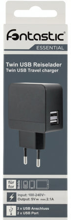 Caricatore 2 USB 2,1A Compatto Spina Europea 2 pin Nero