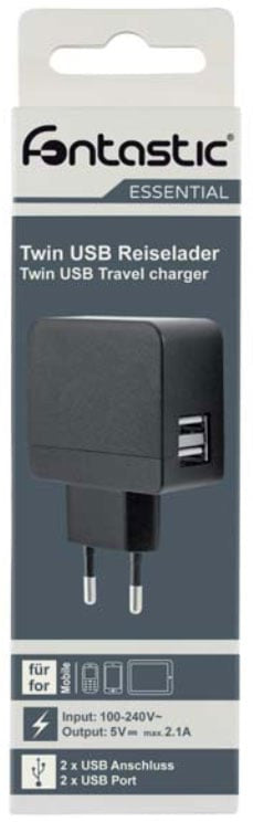 Caricatore 2 USB 2,1A Compatto Spina Europea 2 pin Nero
