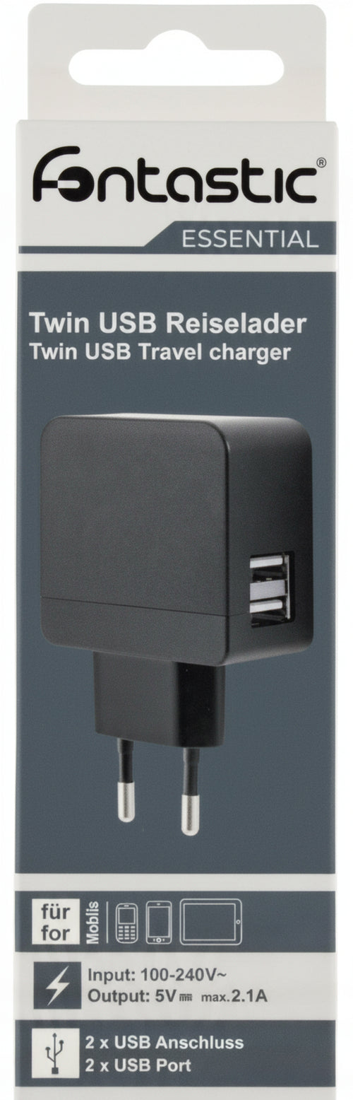 Caricatore 2 USB 2,1A Compatto Spina Europea 2 pin Nero